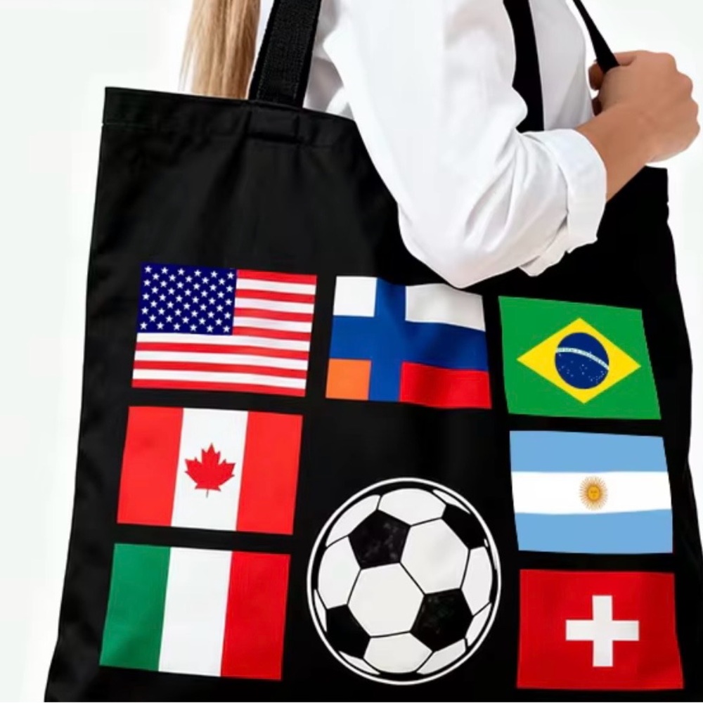 Black Tote Bag with International Flags and Soccer Ball